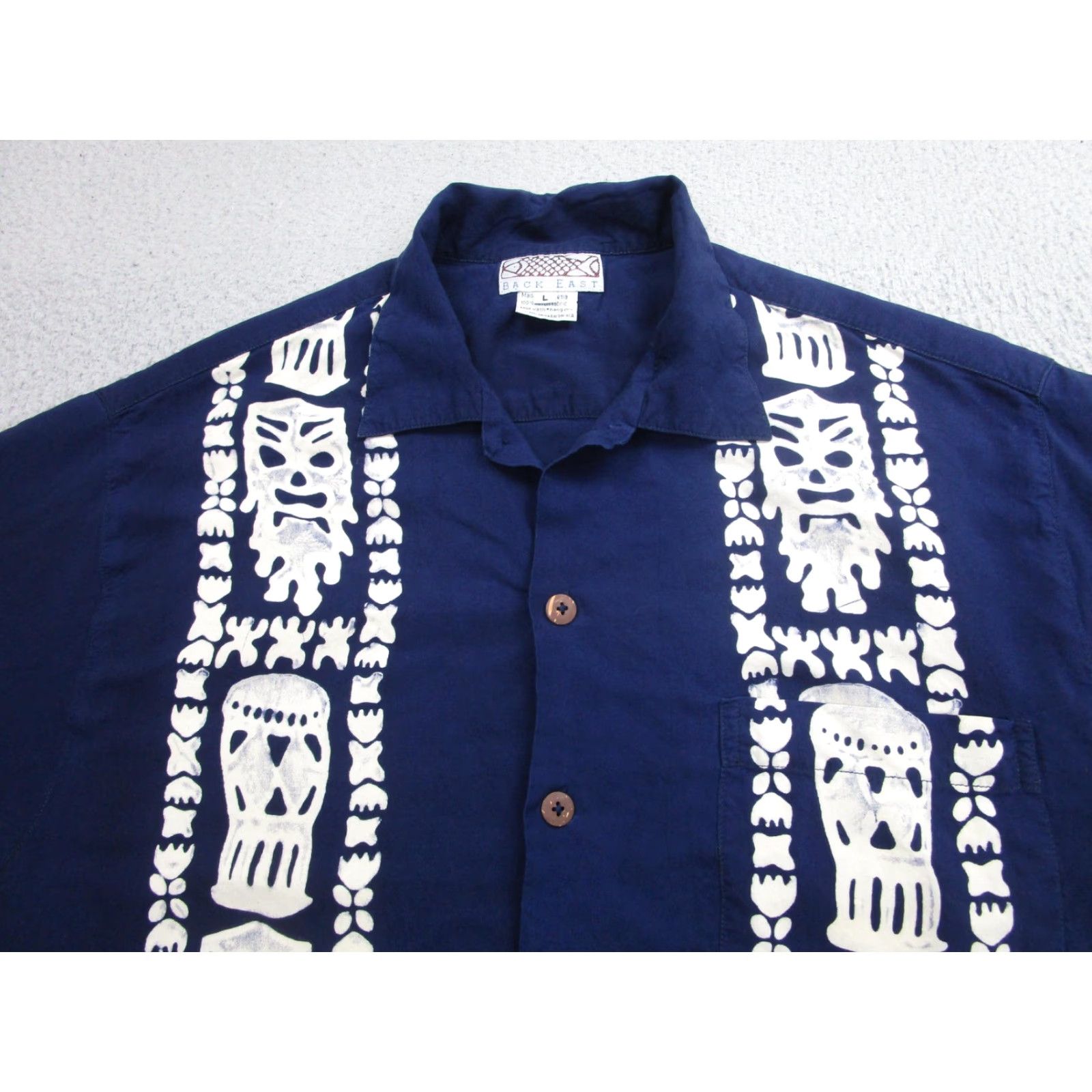 Vintage VINTAGE Back East Hawaiian Shirt Mens Large Navy Blue Rayon Aloha Tiki Camp Button Front Size US L / EU 52-54 / 3 - 3 Thumbnail