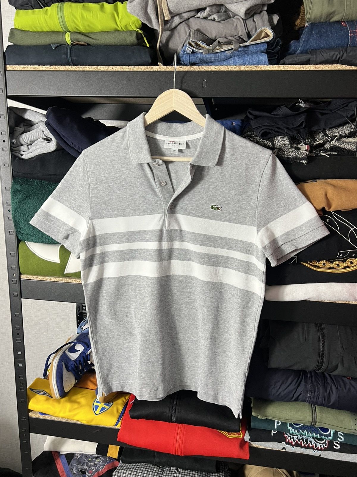 Lacoste 🩶 Lacoste Grey Striped Polo Size M 🐊 Classic Slim Fit Size US M / EU 48-50 / 2 - 1 Thumbnail