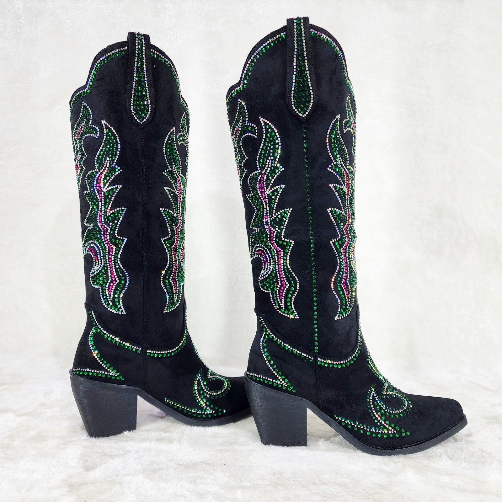 Other Roswell Country Western Cowgirl Knee Boots Rhinestones Black Size US 7 / IT 37 - 2 Thumbnail