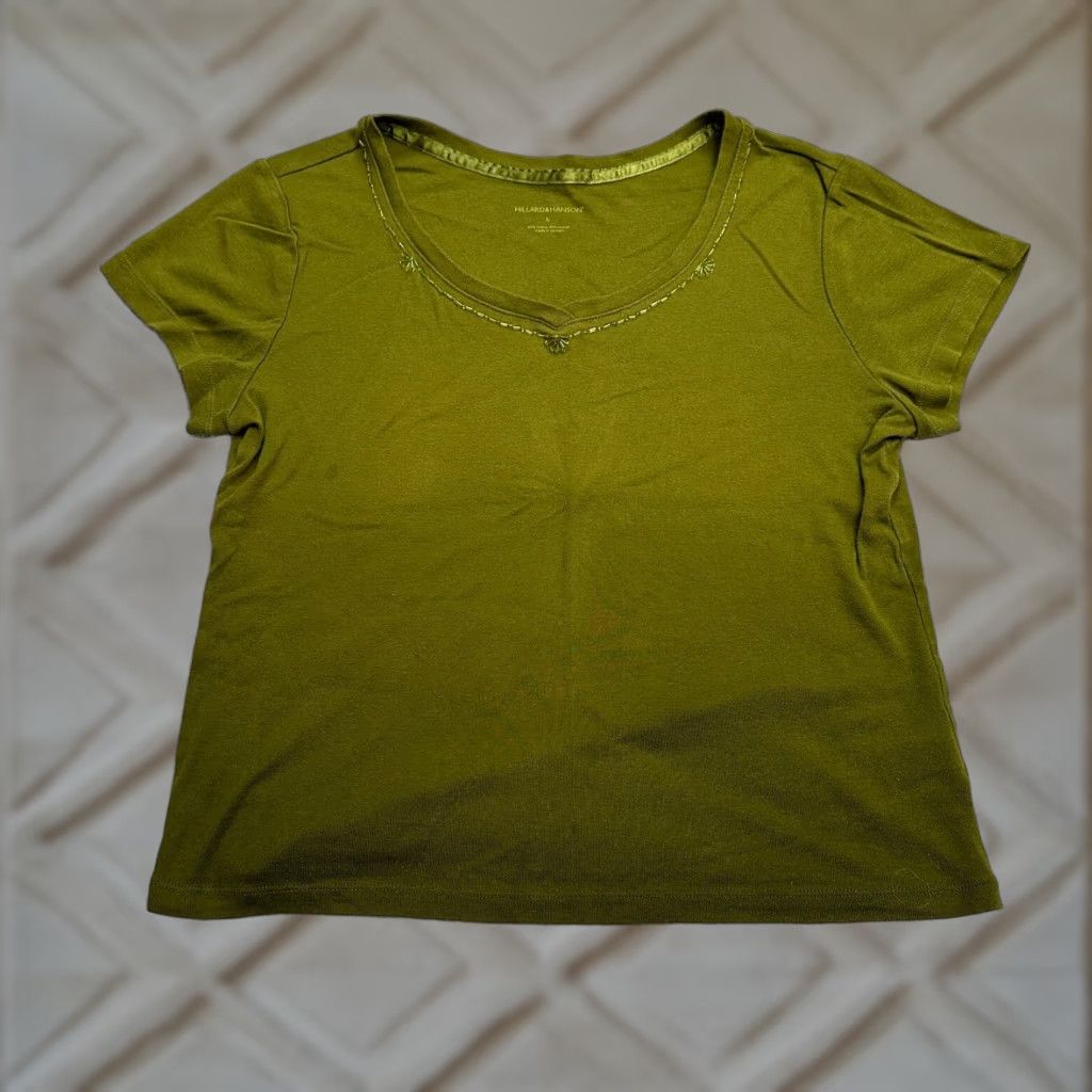 Vintage Hillard & Hanson T-Shirt Women Large Green V-Neck Beaded Cotton Modal Short Sleeve Casual Tee Adult L Green Beaded 90s? Size L / US 10 / IT 46 - 1 Thumbnail