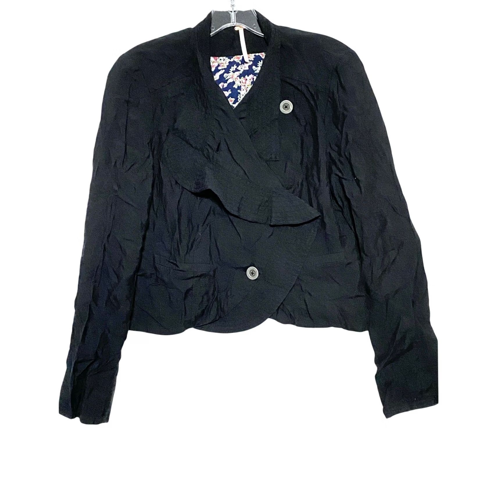 Free People VINTAGE Free People Blazer Jacket Black Floral Lined Asymmetrical Buttons Ruffle Women 4 Size S / US 4 / IT 40 - 2 Thumbnail