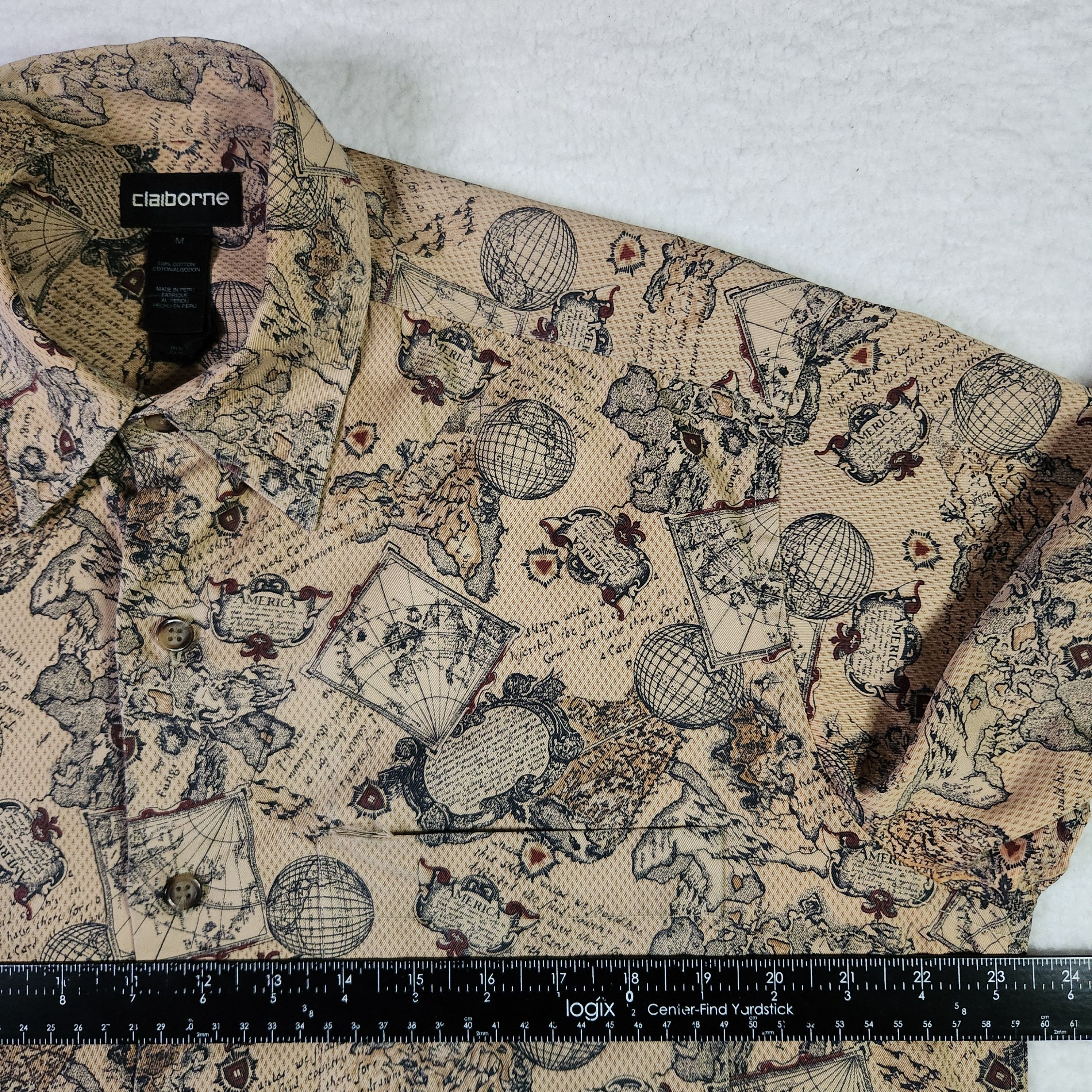 Liz Claiborne Claiborne VINTAGE Map Globe Shirt Medium Tan Short Sleeve Size US M / EU 48-50 / 2 - 7 Thumbnail