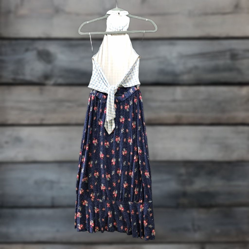 Asos ASOS Midi Dress 4 Blue Gingham Floral Halter Jersey Knit Tie Back Sleeveless Mids Size S / US 4 / IT 40 - 1 Thumbnail