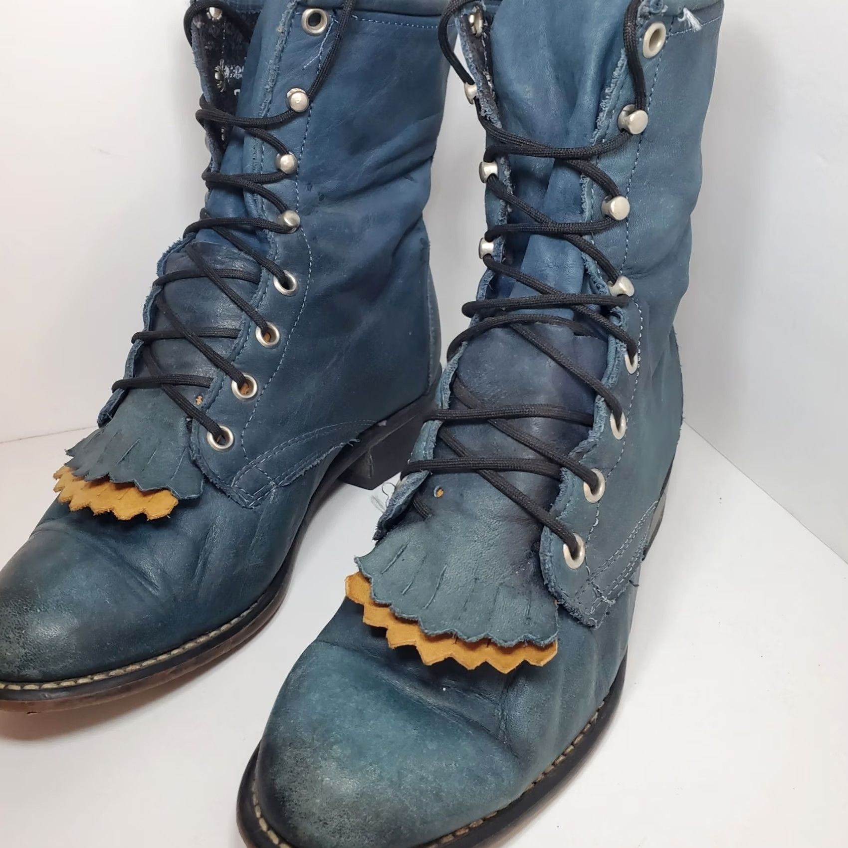 Vintage Laredo Roper Boots Womens 7M Teal Blue Leather Kiltie Western Riding Lace Up Fringe Vintage Cowboy Boot Mens? Ladies? Size US 7 / IT 37 - 2 Thumbnail