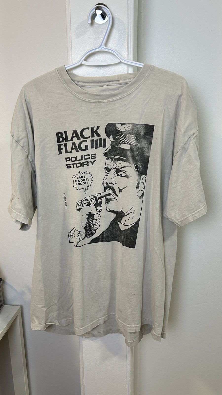 image of Black Flag x Vintage Trashed Police Story T Shirt in White, Men's (Size XL)