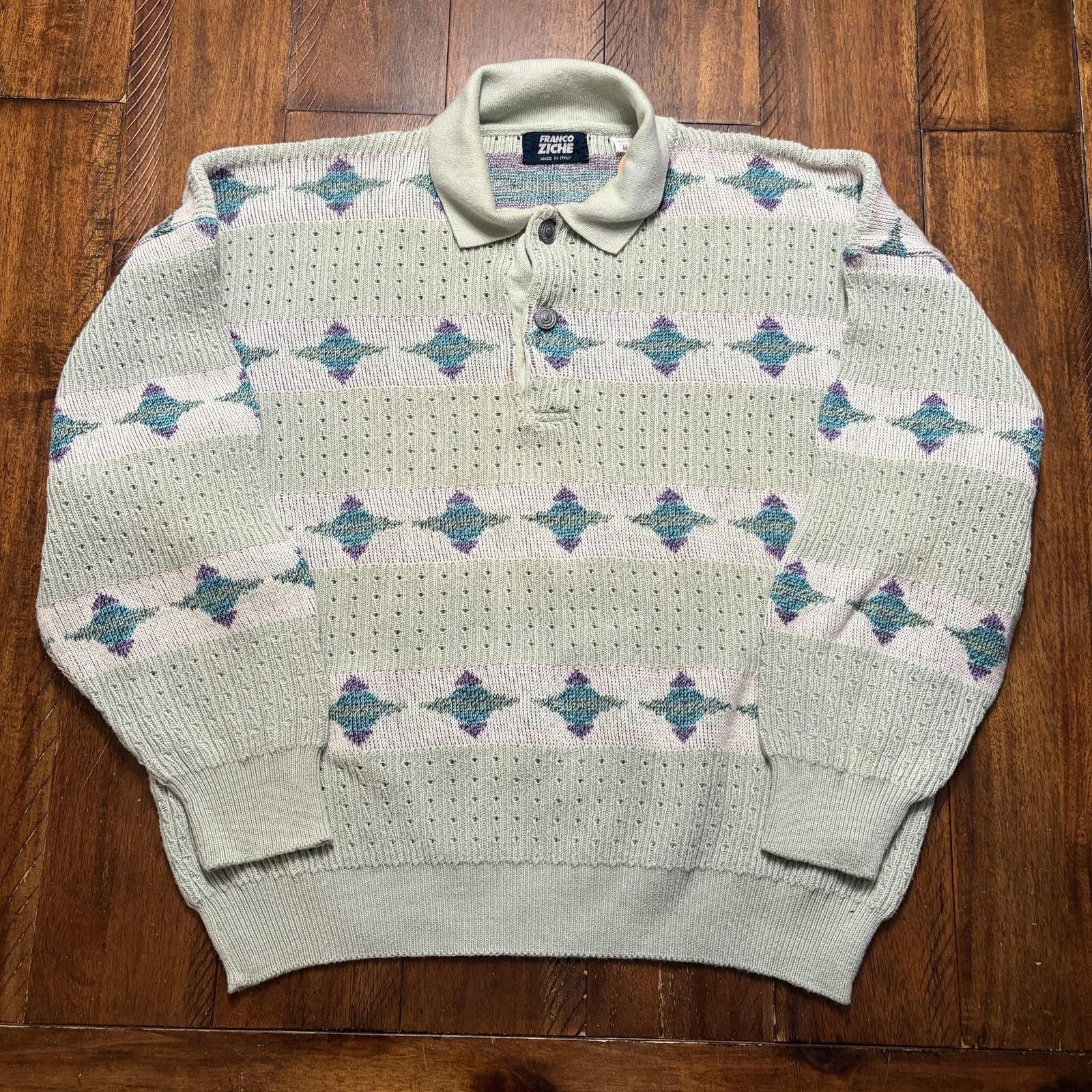 Vintage Vtg Franco Ziche Sweater Mens M Gray Argyle Knit Polo Italy Size US M / EU 48-50 / 2 - 2 Thumbnail