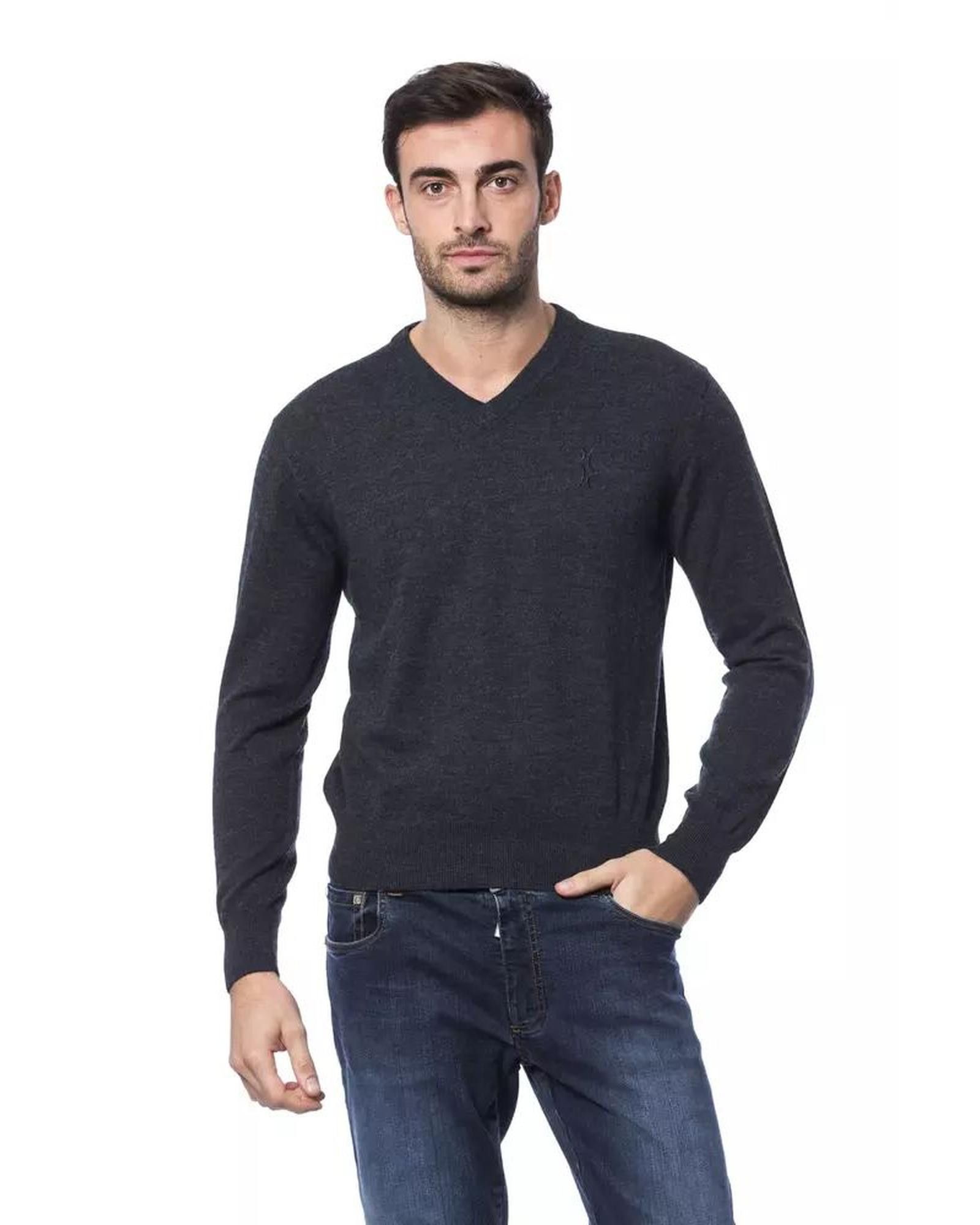 image of Billionaire Couture Embroidered Merino Wool Crew Neck Sweater in Grey, Men's (Size XL)