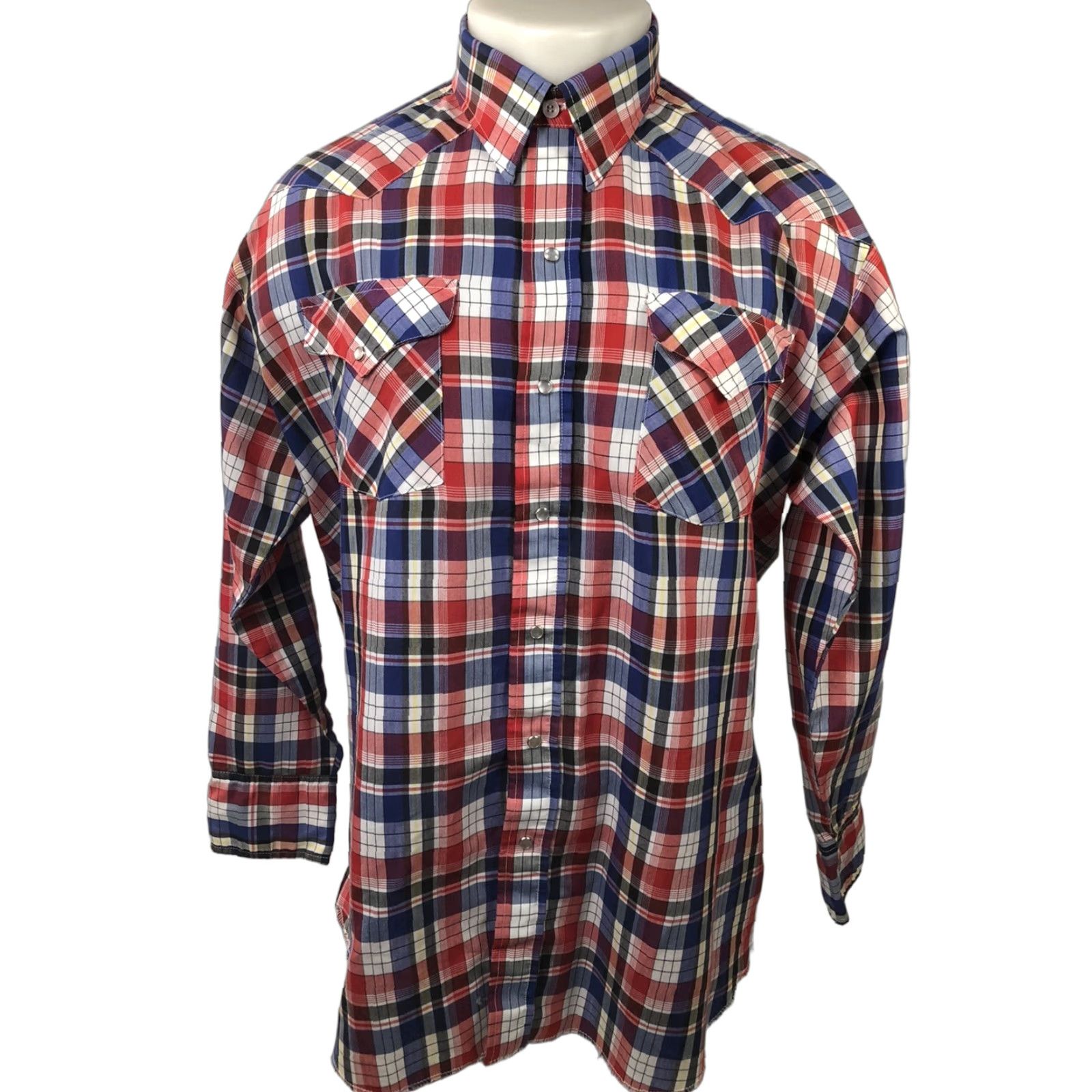 Vintage PANHANDLE SLIM - Mens XL Western Rockabilly PEARL SNAP Cowboy Shirt Shirt Mens XL Blue White Red Yellow Rockabilly 90s Cowboy Snap Button-Up Mens Size US XL / EU 56 / 4 - 1 Thumbnail