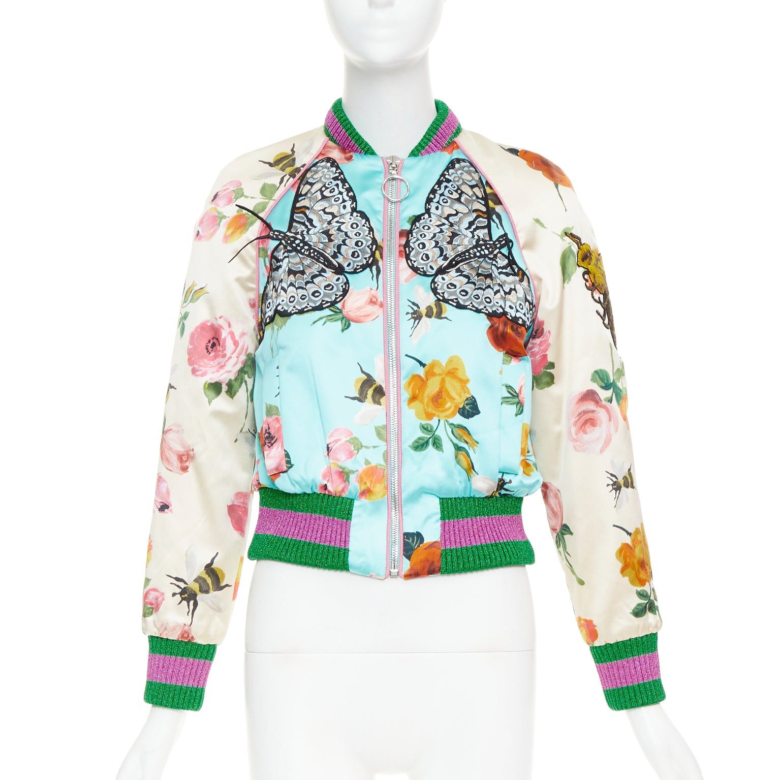 Gucci GUCCI 2016 Michele Runway blue silk butterfly bee embroidery bomber kacket IT40 S Size S / US 4 / IT 40 - 1 Thumbnail