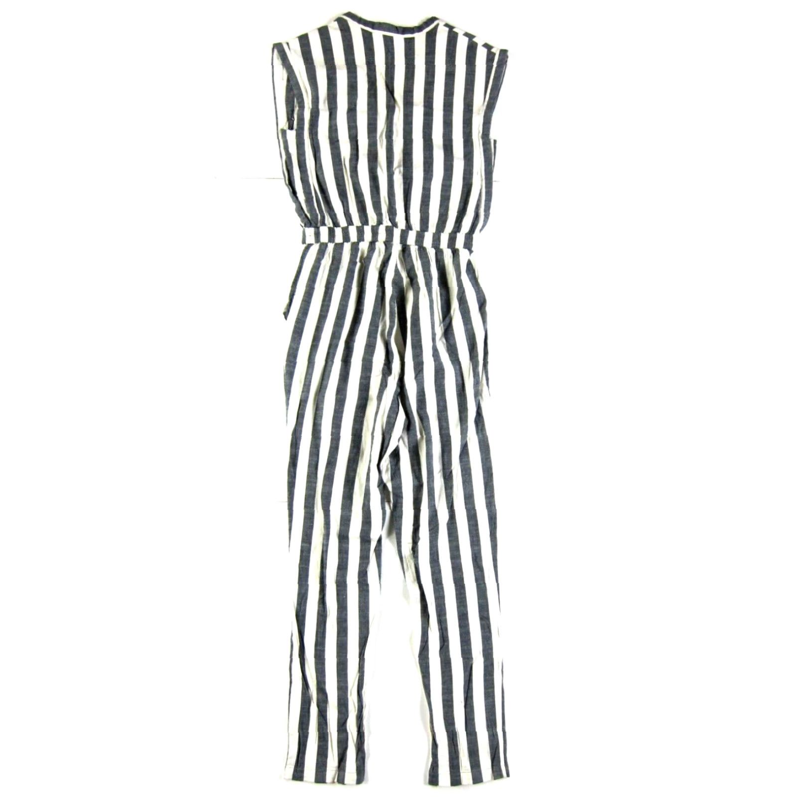Vintage ICHI Jumpsuit Women 34/6 Grey Stripe Pocket Cap Sleeve V-Neck Cotton Rayon Size 28" / US 6 / IT 42 - 2 Thumbnail
