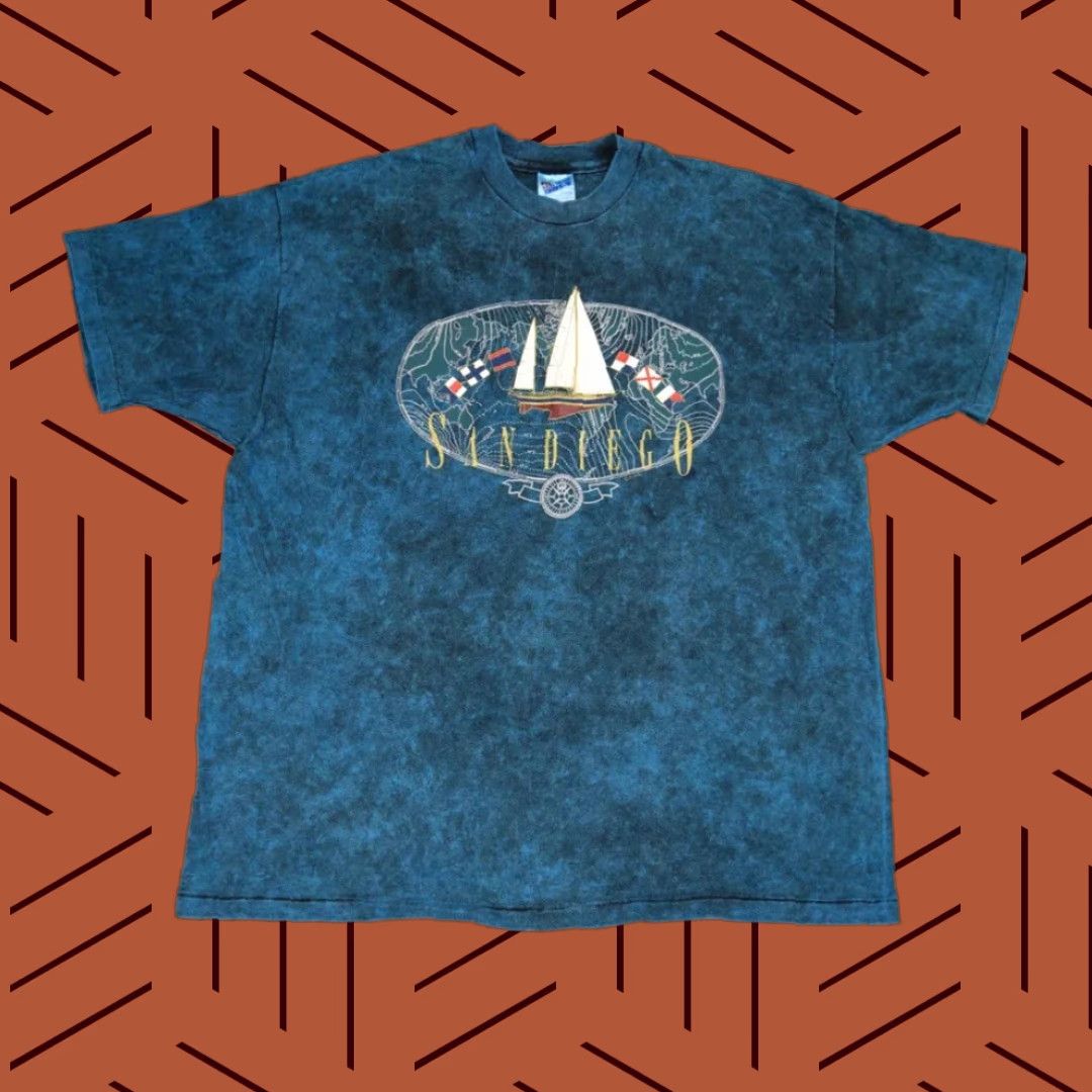 VINTAGE HANES BEEFY-T SAIL BOAT T-SHIRT 2XL BLUE GRAPHIC 90s MENS
