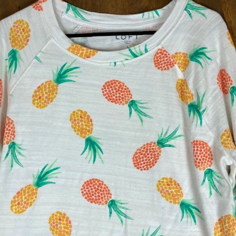 Ann Taylor VINTAGE LOFT Womens Shirt White Pineapple Pattern Long Sleeve 100% Cotton Large Size L / US 10 / IT 46 - 2 Thumbnail
