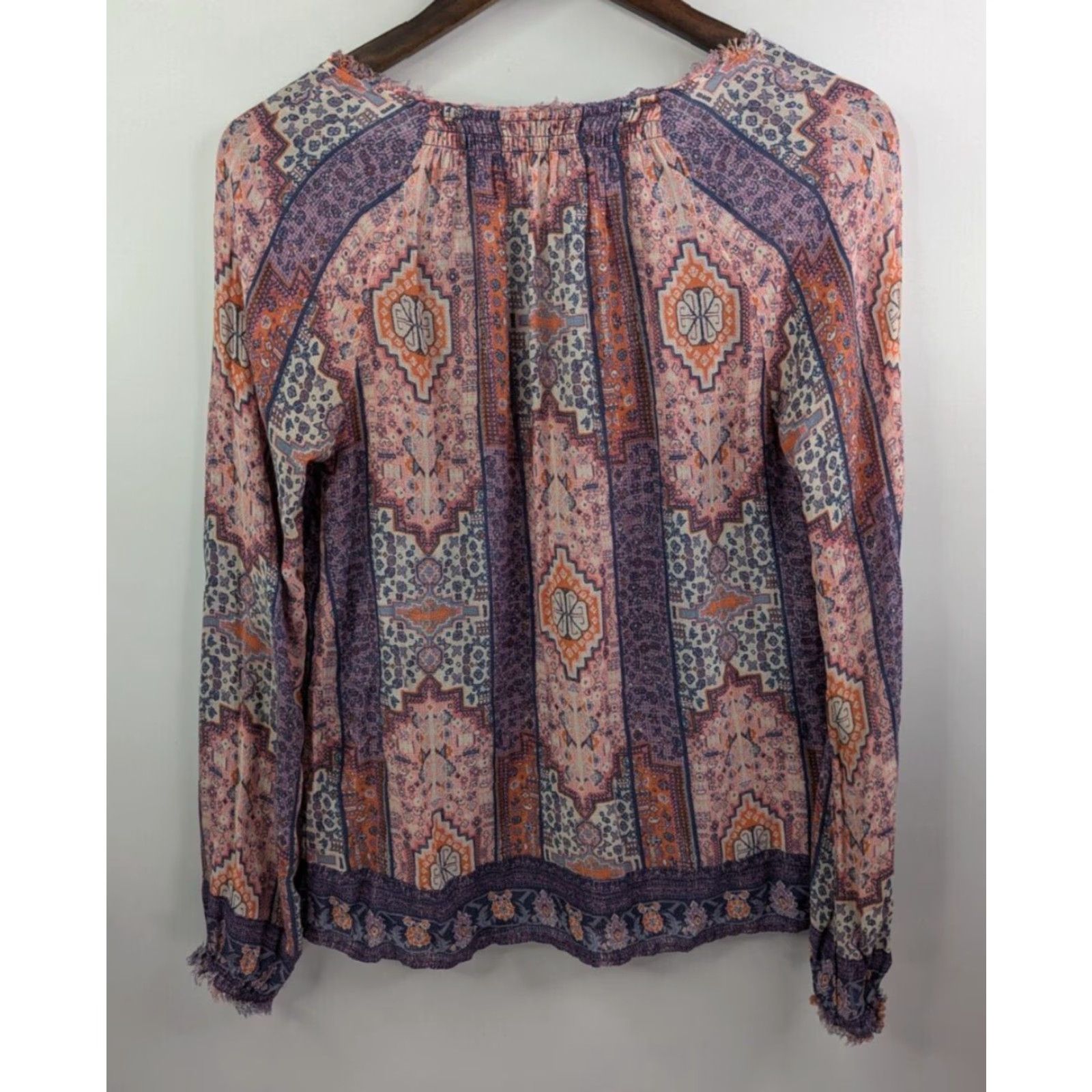 Lucky Brand Lucky Brand Blouse Women’s Small Fringe Trim Geometric Purple V-Neck Casual Shirt Size S / US 4 / IT 40 - 3 Thumbnail