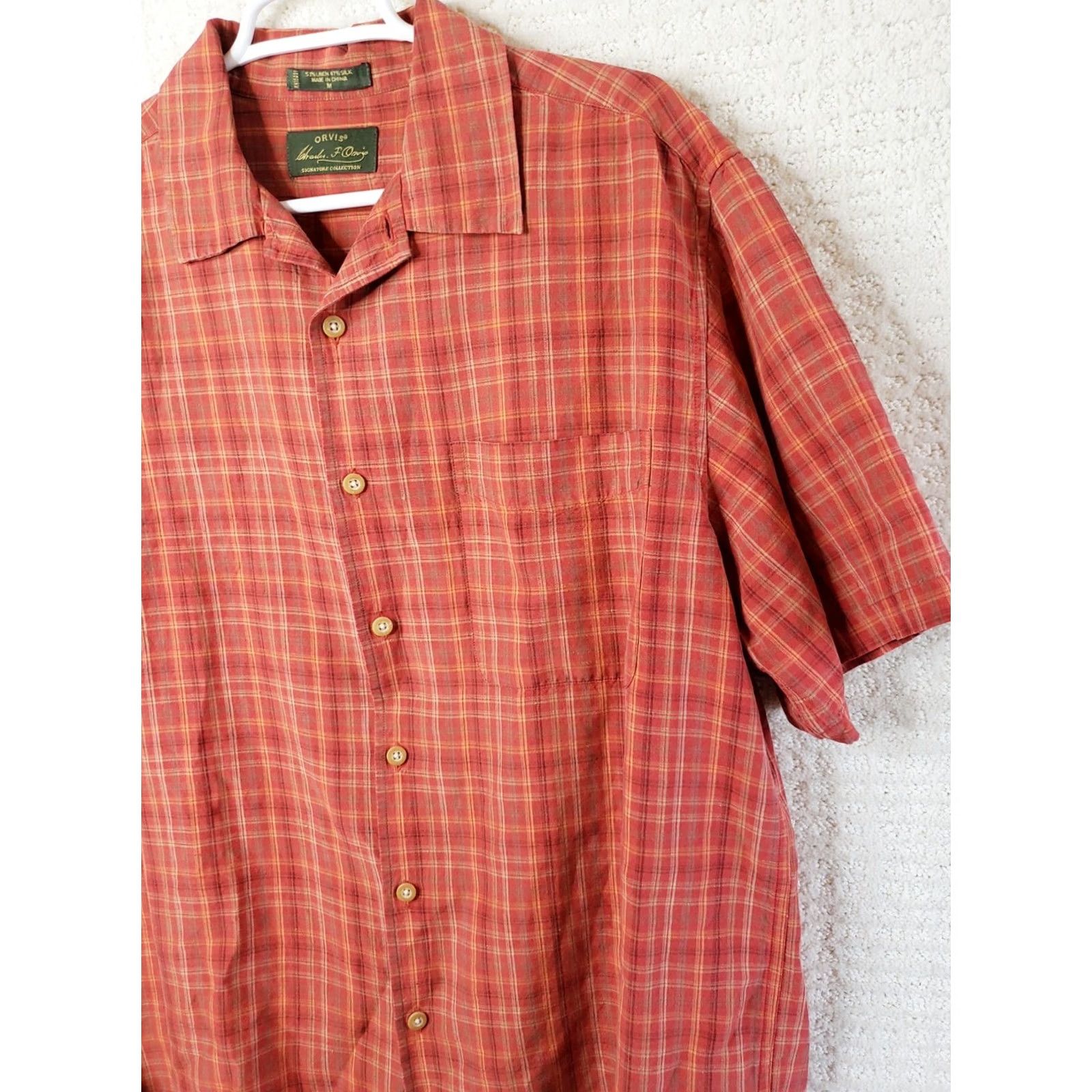 Orvis Orvis Signature Collection Shirt M Orange Plaid Silk Linen Button-Down Short Sleeve Mens Size US M / EU 48-50 / 2 - 2 Thumbnail