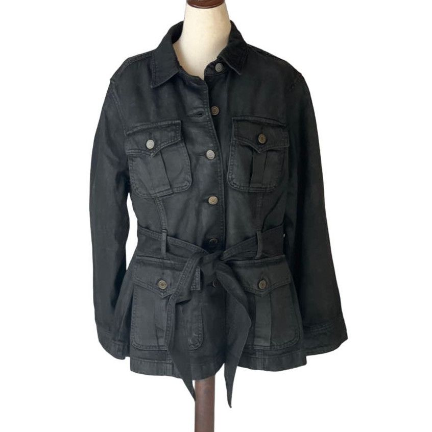 image of Lauren Ralph Laurent Coated Denim Utility Belted Jacket in Black, Women's (Size XL)