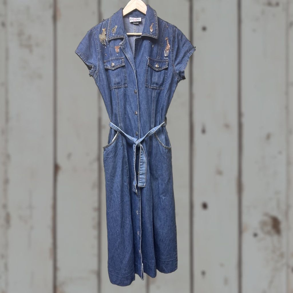 Denime VINTAGE Just For Fun Dress Denim Belted Long USA Made Blue 100% Cotton L Womens Long Dress Belted Pattern: Solid Size 36" / US 14 / IT 50 - 1 Thumbnail