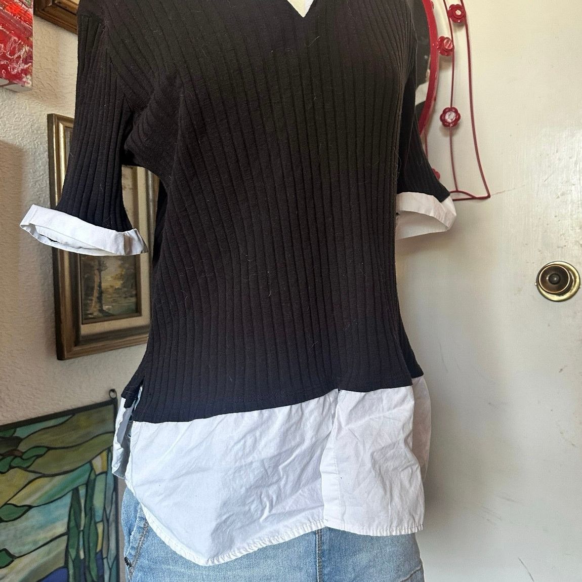 Other active ribbed black white knit blouse layered shirt Size L / US 10 / IT 46 - 2 Thumbnail