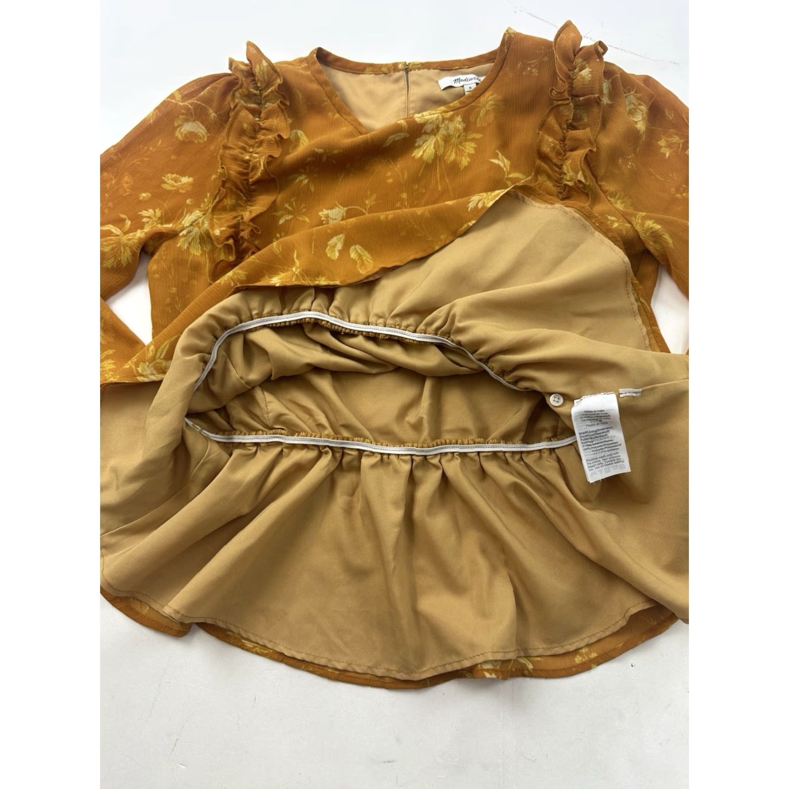 Madewell Madewell Blouse Womens Small Ruffle Shoulder Peplum Top Floral Long Sleeve Orange Polyester Round Neck Size S / US 4 / IT 40 - 4 Thumbnail