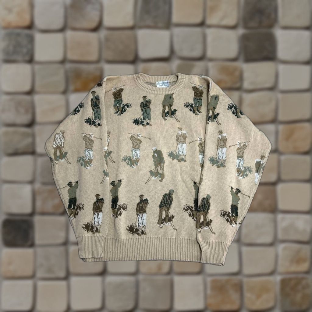 Gloverall VINTAGE Harry Rosen Sweater Mens L Beige All Over Print Crew Neck Pullover Casual Fall Winter Knit Outdoor 90s Mens Size US L / EU 52-54 / 3 - 1 Thumbnail
