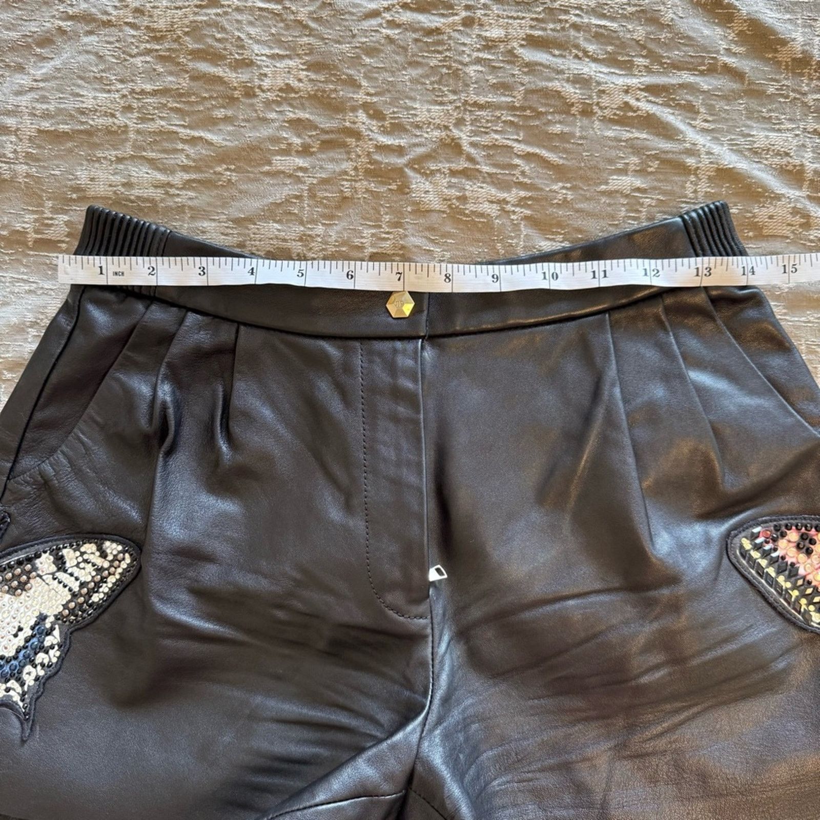 Philipp Plein PHILIP PLEIN Black Leather Shorts with Butterfly, Size S Size 26" / US 2 / IT 38 - 14 Thumbnail