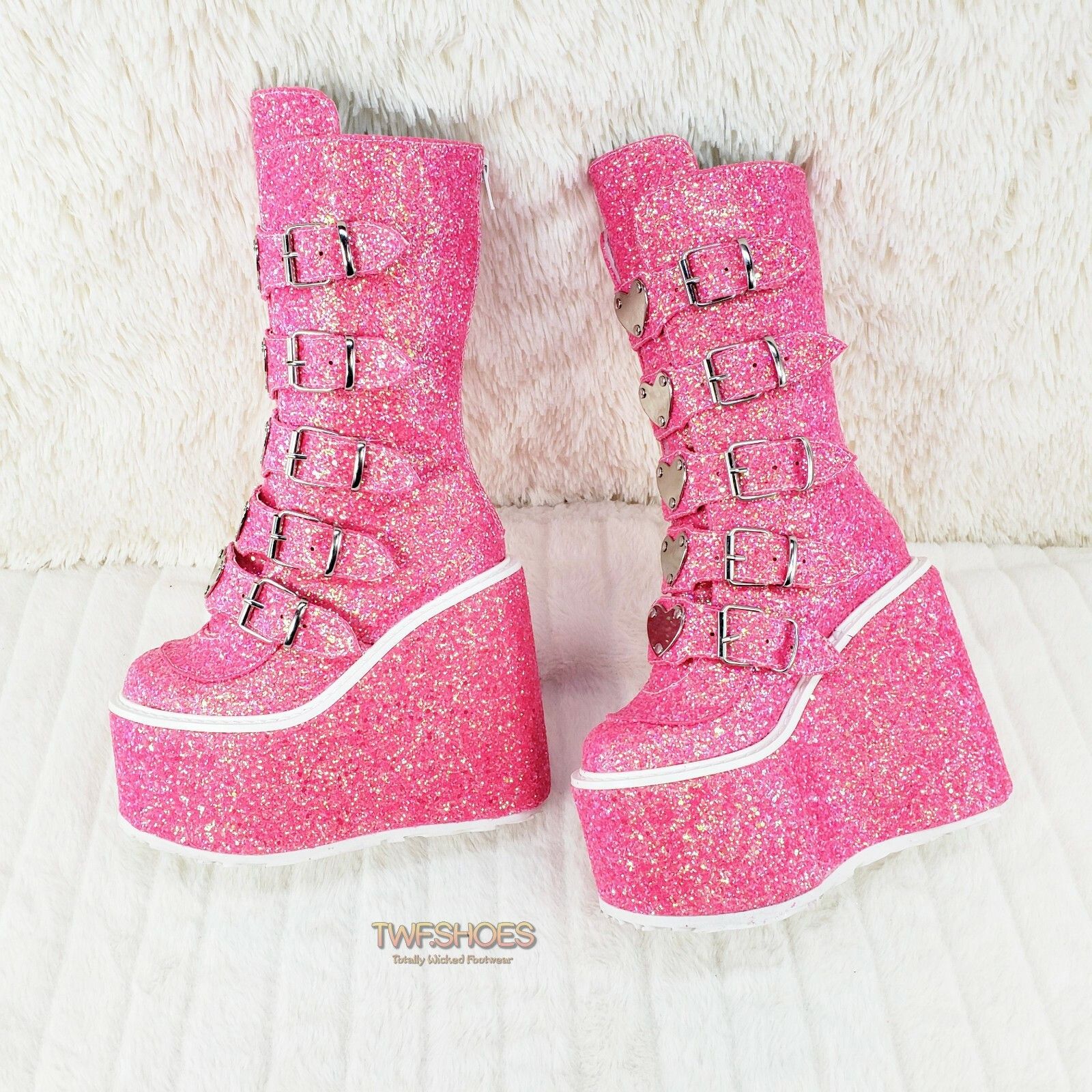 Other Swing 230G Pink Glitter Boot 5.5" Platform Heart Strap Goth Size US 9 / IT 39 - 8 Thumbnail