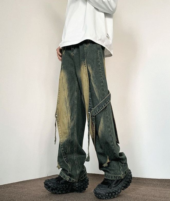 Japanese Brand Men's washed loose straight leg casual work jeans Size US 32 / EU 48 - 2 Thumbnail