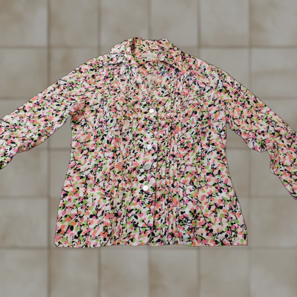 Pinko Kim Rogers Womens Shirt PS Petites Pink Floral Button-Up Crew Neck Long Sleeve Casual Stretch Cotton Rayon Button-Up Shirt Womens Per Example Size S / US 4 / IT 40 - 1 Thumbnail