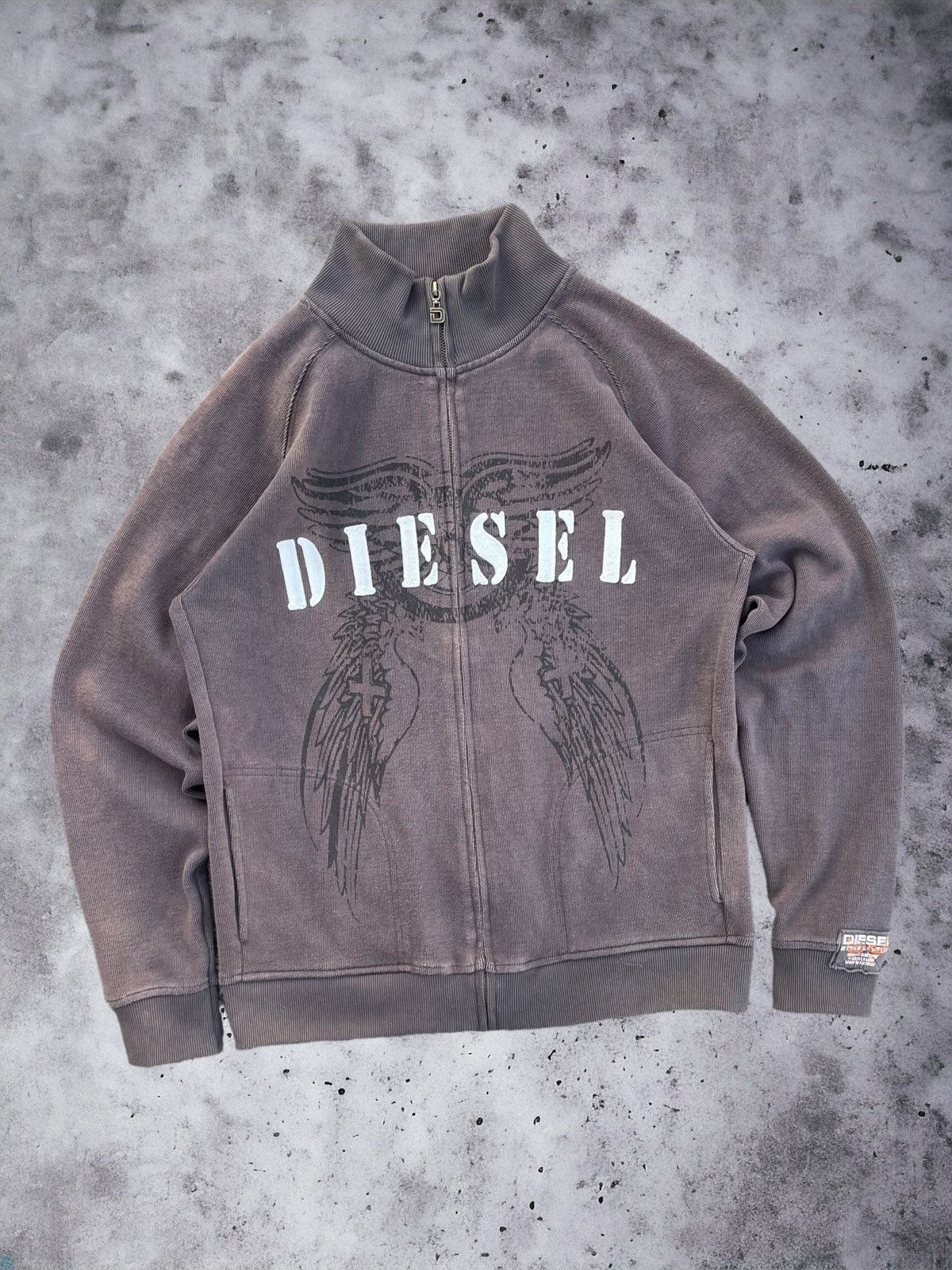 image of Avant Garde x Diesel Vintage Y2K Diesel Wings Spell Out Faded Zip Sweatshirt in Brown (Size Large)