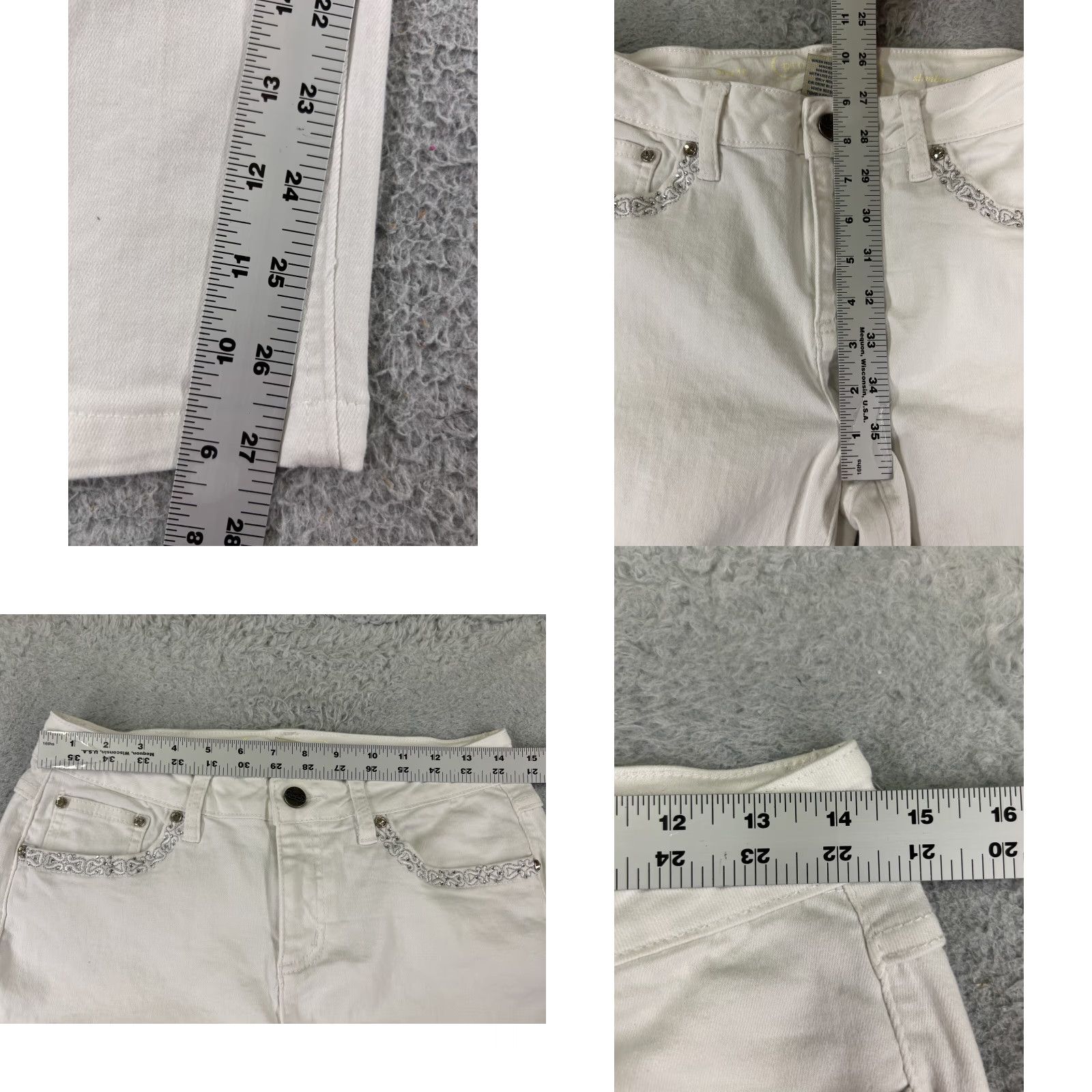 Denime Project Indigo Jeans Womens 10 White Denim Bootcut 27x27 Slim Embroidered Pockets Distressed 5-Pocket Style Regular Size 32" / US 10 / IT 46 - 8 Thumbnail