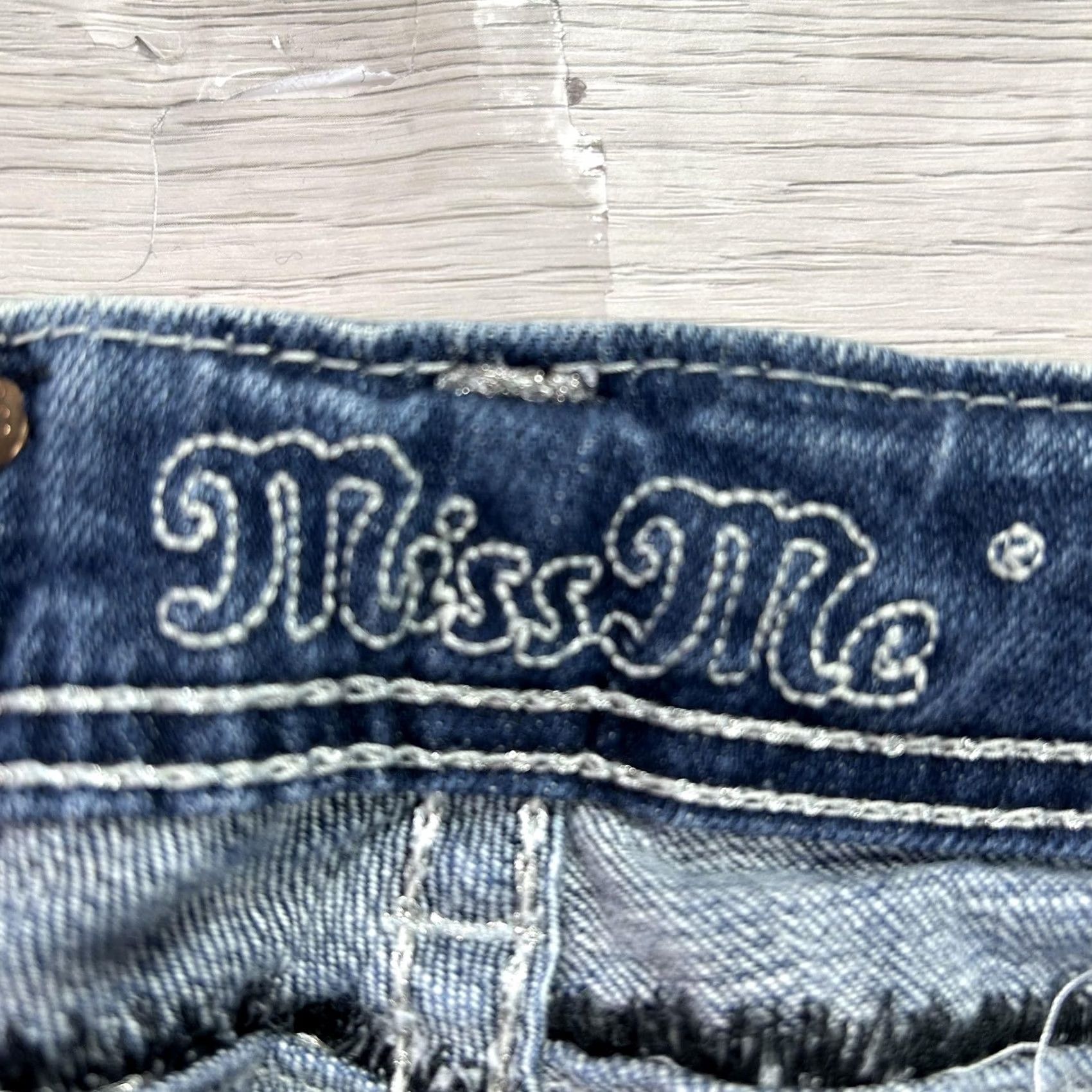Miss Me Miss Me Jeans Womens 24 Blue Low Rise Cropped Stretch Denim Distressed Rhinestone Studded Pockets 5-Pocket Size 42" / US 20 - 5 Thumbnail