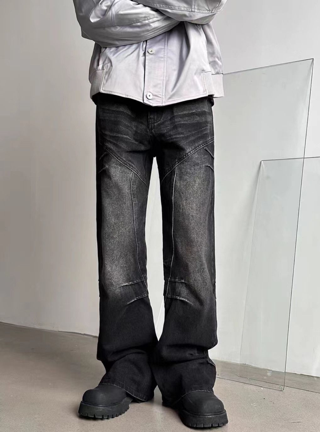Japanese Brand × Jean Street vintage washed black cracked wide leg jeans Size US 32 / EU 48 - 1 Thumbnail