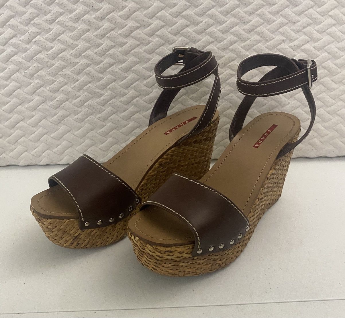 Prada Prada Brown Leather Wicker Wedge Sandals 3XZ175 10 US NEW Size US 10 / IT 40 - 8 Thumbnail