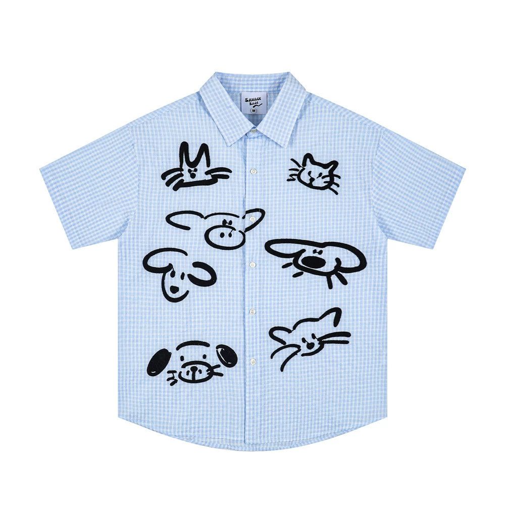 Vintage Men's hip-hop casual cartoon embroidered plaid shirt Size US M / EU 48-50 / 2 - 1 Thumbnail