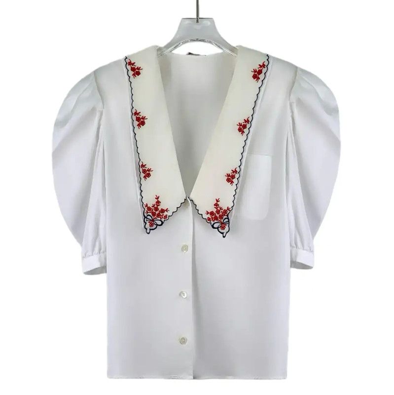 Miu Miu Miu Miu White Puff-Sleeve Shirt with Floral Collar 0089 Size M / US 6-8 / IT 42-44 - 1 Thumbnail