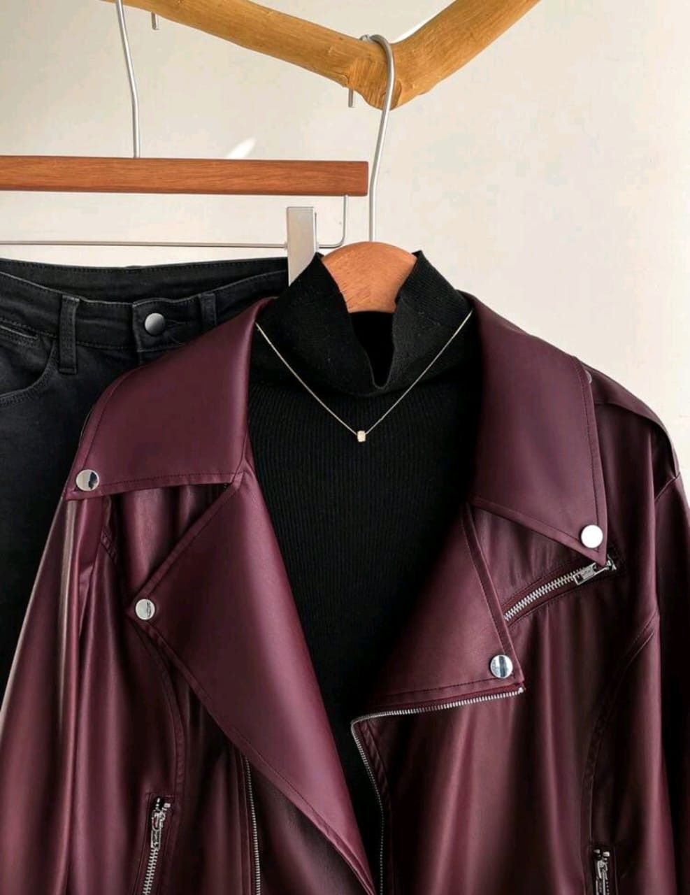 Other Women’s Burgundy Faux Leather Biker Jacket 🍷🔥 Size M / US 6-8 / IT 42-44 - 3 Thumbnail