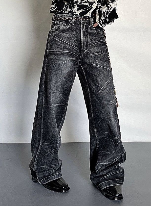 image of Vintage Avant Garde Fashion Faded Flared Jeans Pants in Black, Men's (Size 33)