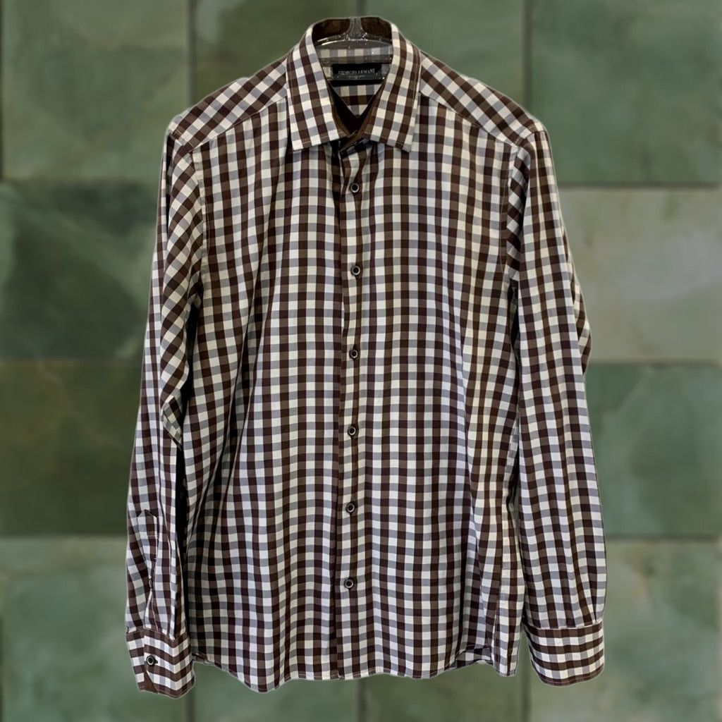Giorgio Armani Giorgio Armani Le Collezioni Dress Shirt Brown Check Long Sleeve M Mens Size 40R - 1 Thumbnail