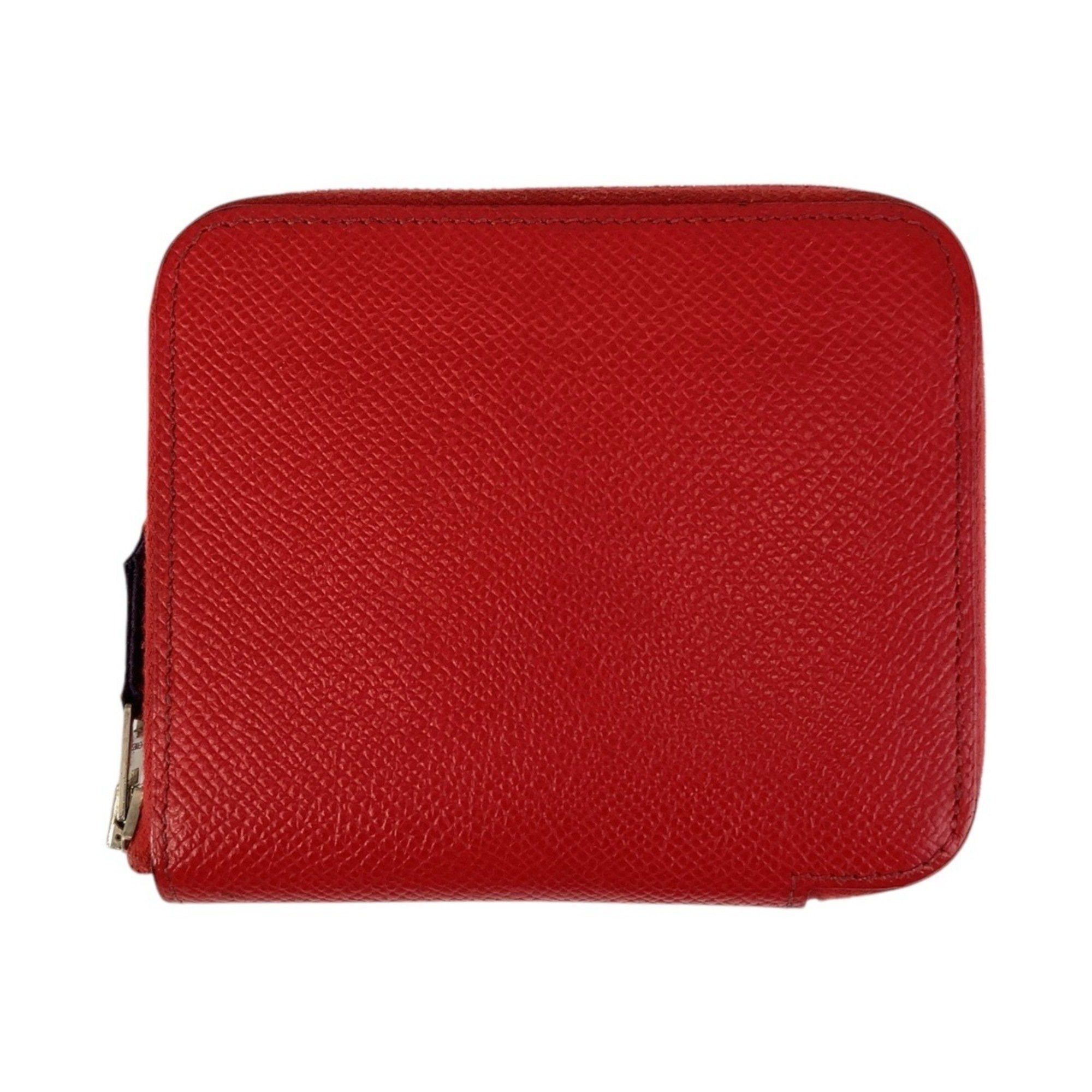 HERMES Azap Silkin Compact Wallet, Bougainvillea Pattern, Red, Silver Hardware, Epsom Leather, Silk, R Stamp, Women´s Wallets