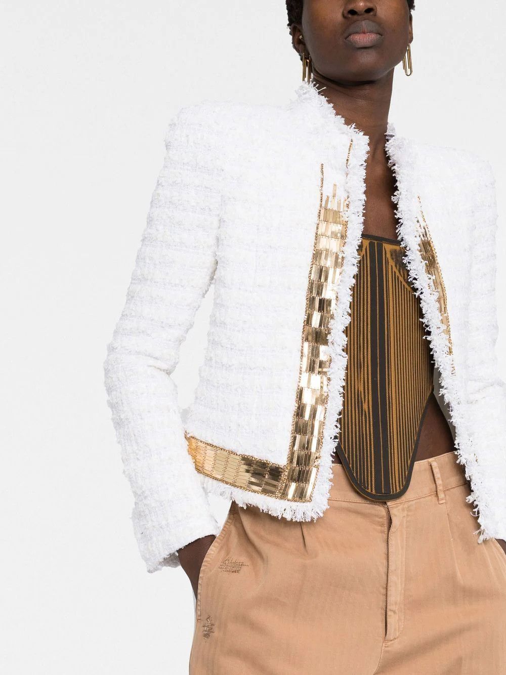 Balmain o1w1db10624 Zipped Tweed Jacket in White Size M / US 6-8 / IT 42-44 - 4 Thumbnail