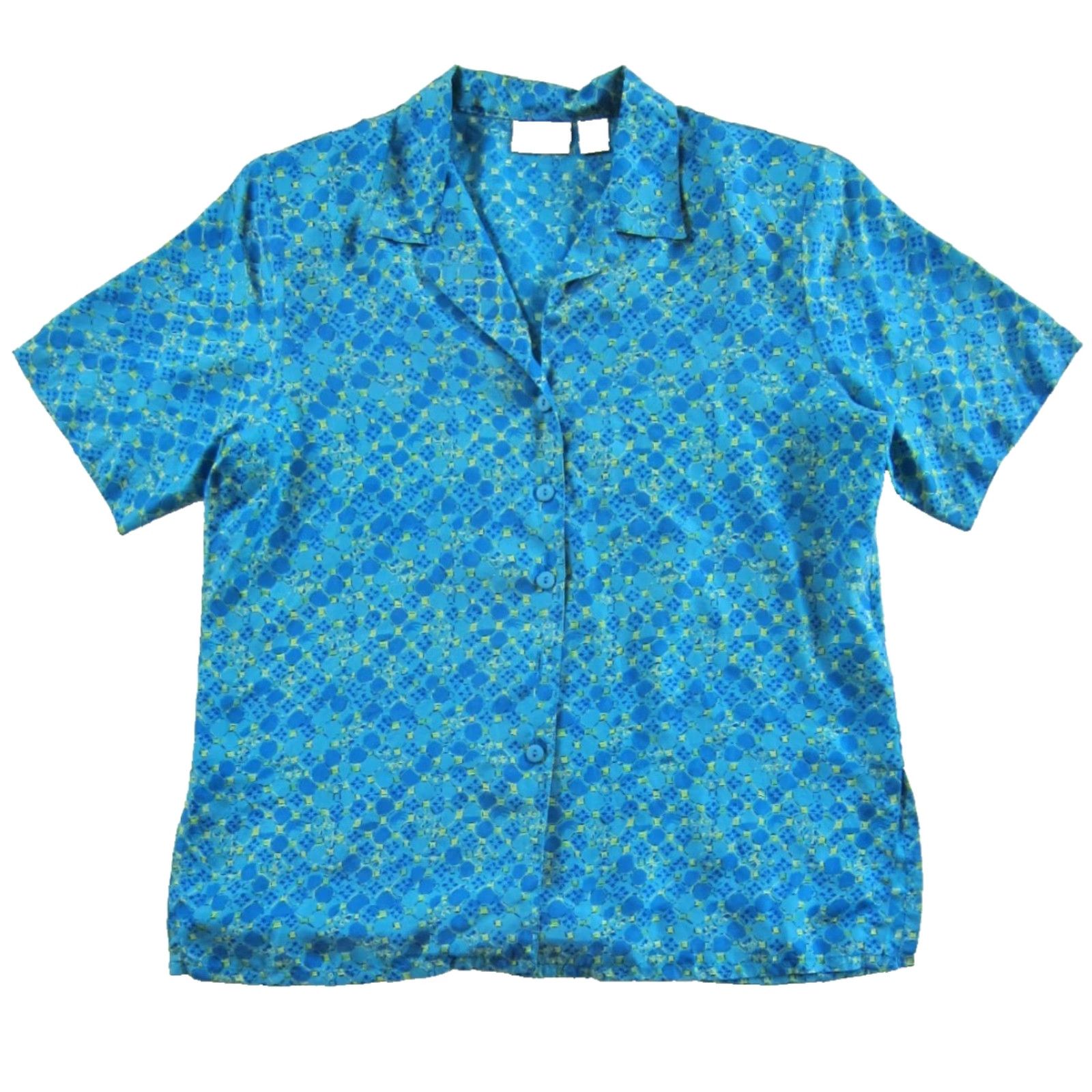 Worthington VINTAGE Worthington 100% Silk Blue Yellow Green Short Sleeve Collared Blouse Women XL Size XL / US 12-14 / IT 48-50 - 2 Thumbnail