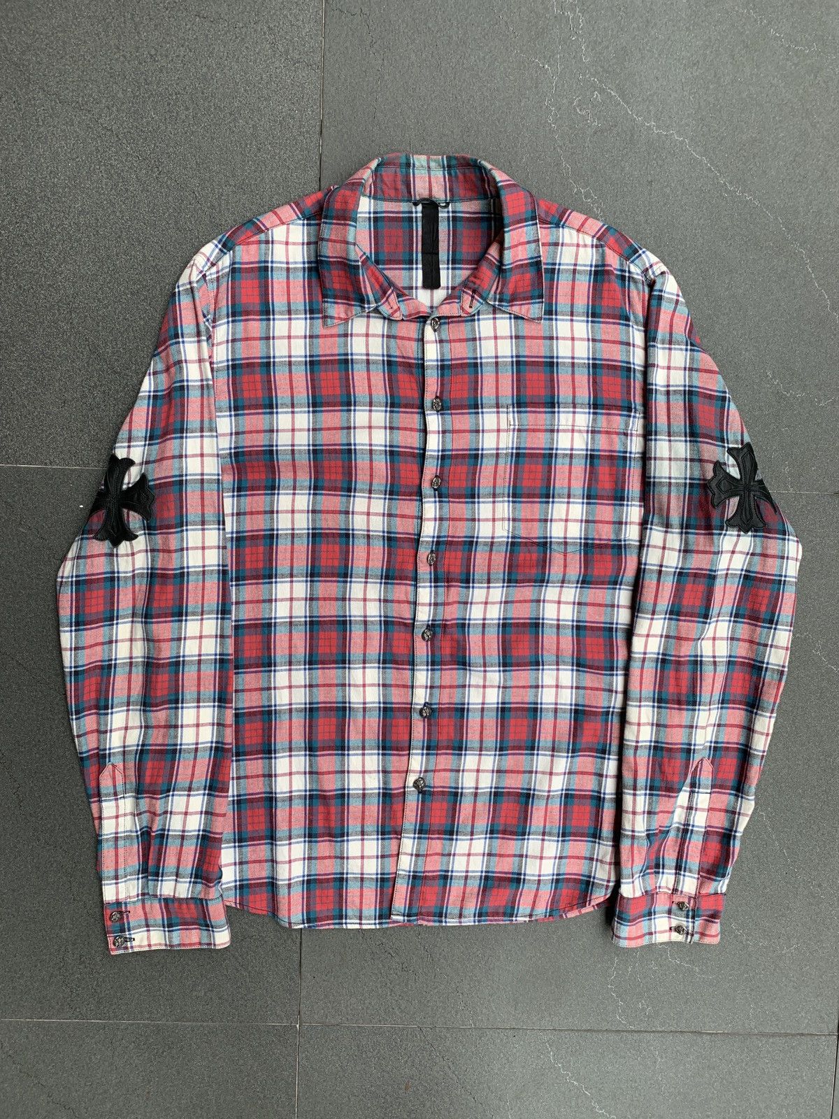image of Chrome Hearts Cross Patch Flannel Shirt in Red, Men's (Size XL)