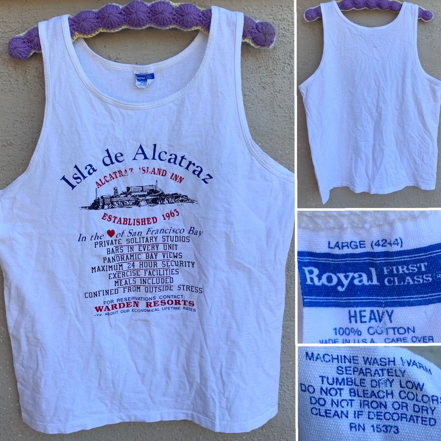 Vintage VINTAGE Alcatraz Island Inn Warden Reaorts Tank Top Single Stitch L Made In USA Men Tank Top 1980s White 100% Cotton Graphic USA Adventure Size US L / EU 52-54 / 3 - 2 Thumbnail