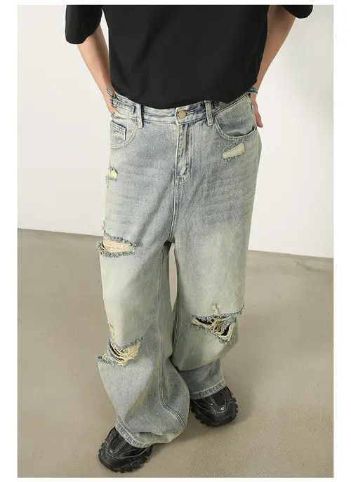 Designer × Jean Men's washed distressed vintage loose ripped jeans Size US 32 / EU 48 - 4 Thumbnail