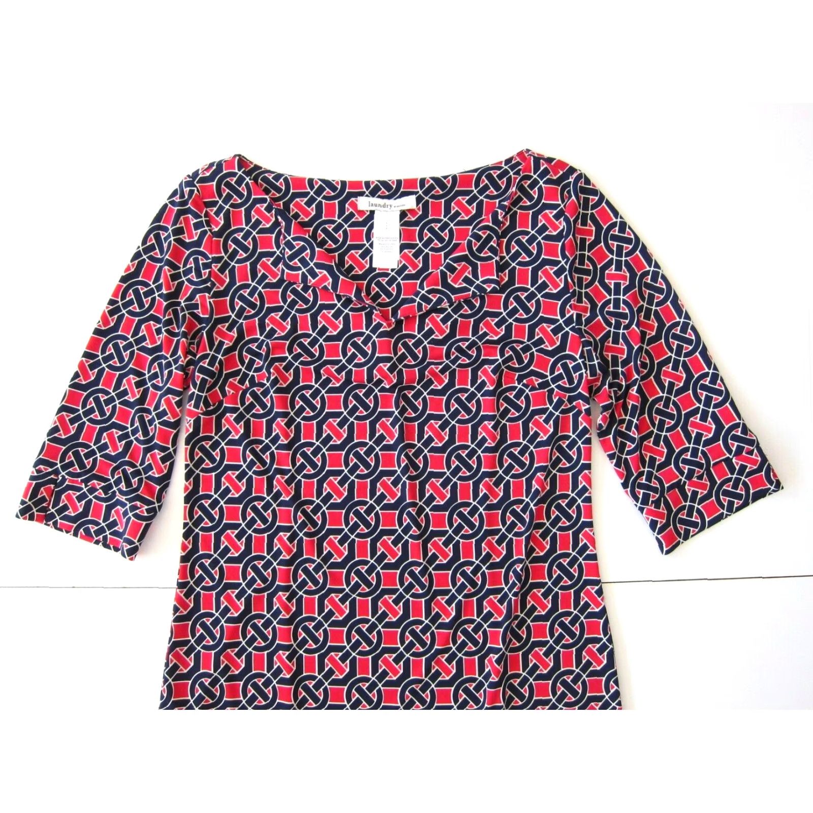 Vintage Laundry By Design Red Blue Geometric Stretch 3/4 Sleeve Shift Tunic Dress Size 4 Size S / US 4 / IT 40 - 3 Thumbnail