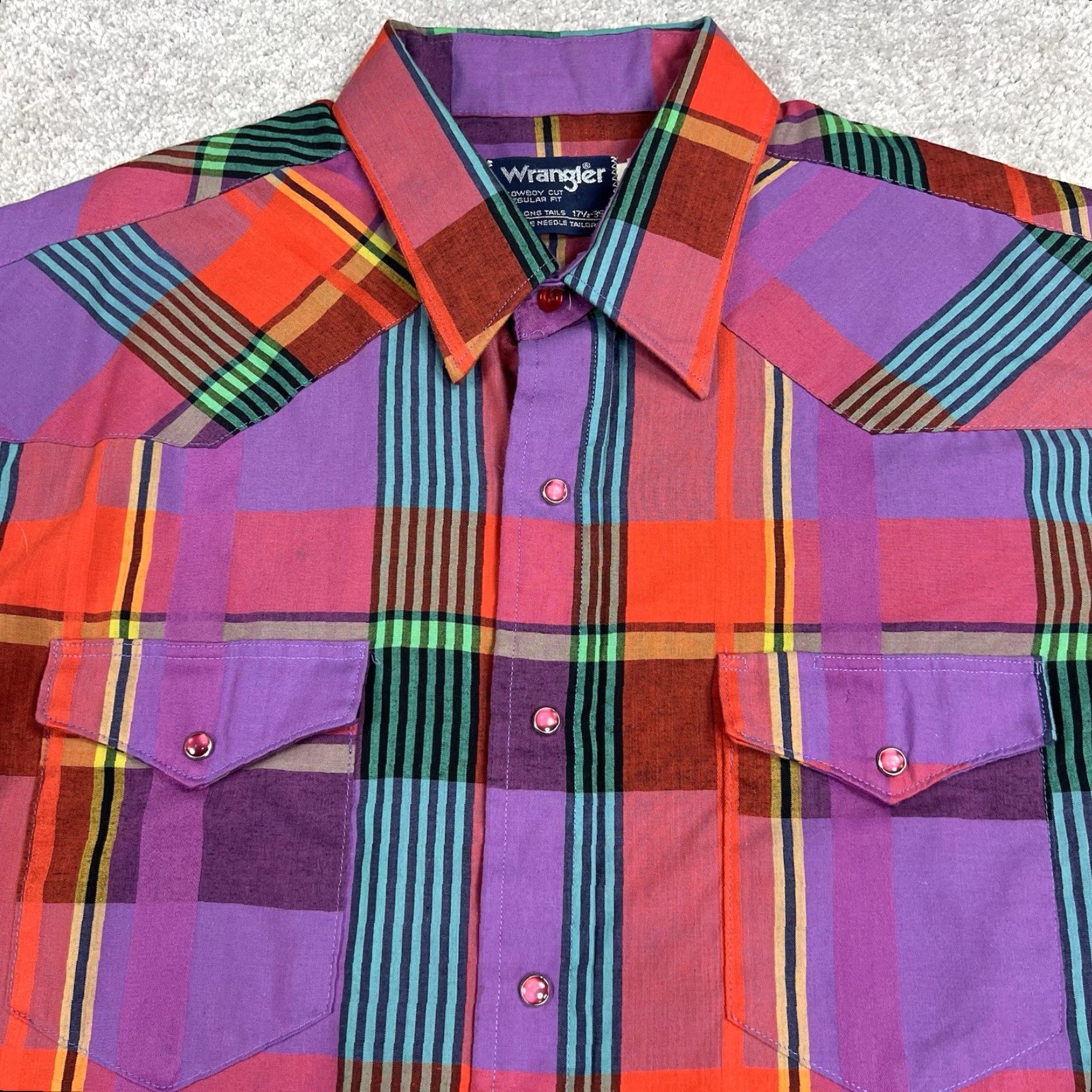 Wrangler VINTAGE Wrangler Shirt 17.5 - 35 Purple Red Plaid Pearl Snaps Western Cowboy Rodeo USA Shirt Size US XXL / EU 58 / 5 - 3 Thumbnail