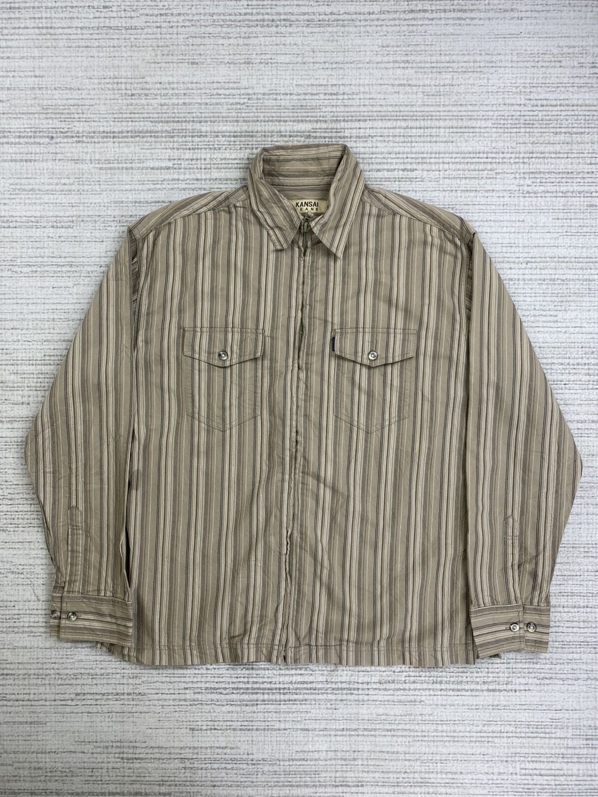 Designer × Kansai Yamamoto × Vintage Vintage Kansai Jeans Harringbone Stripe Zipper Jacket Size US M / EU 48-50 / 2 - 1 Thumbnail