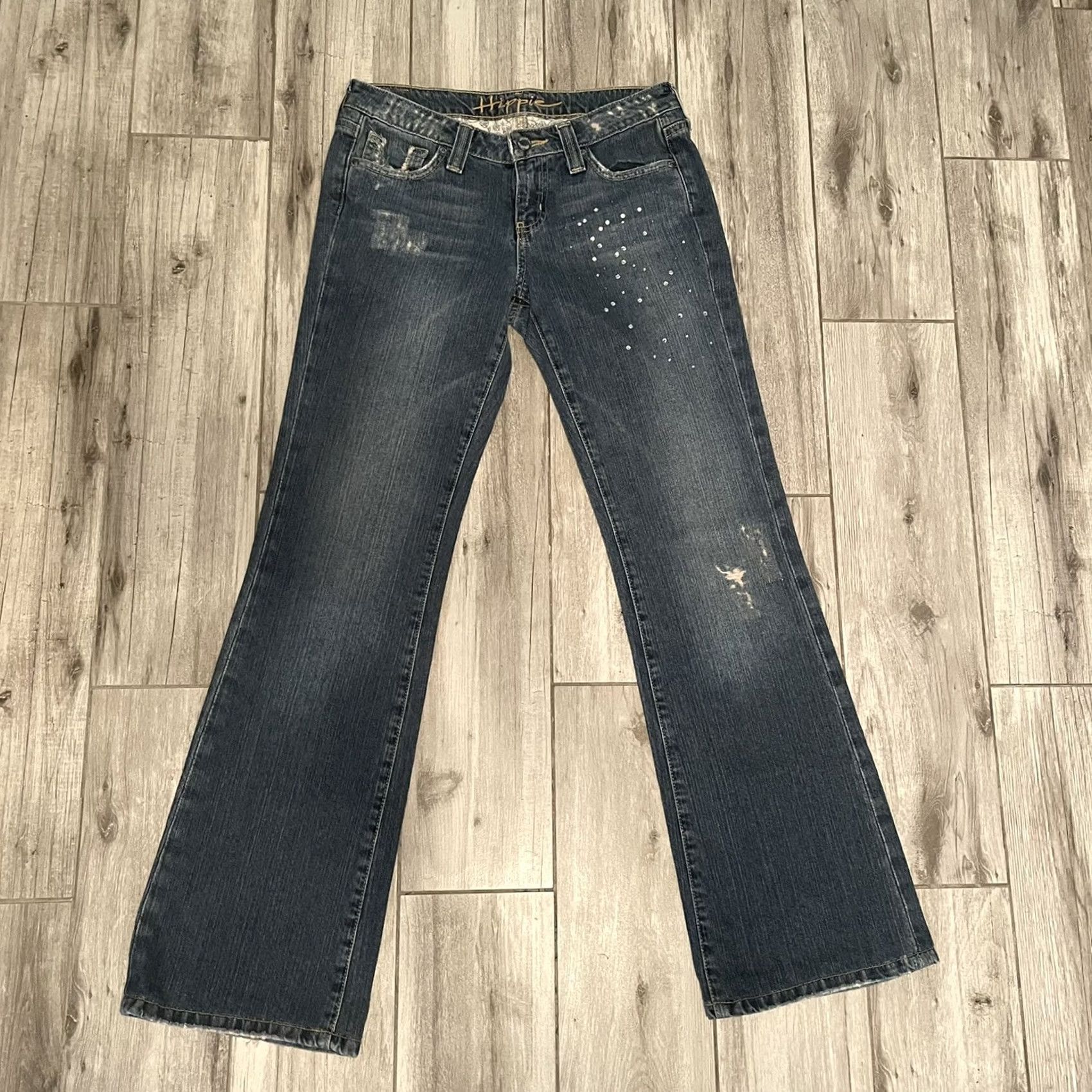 Vintage VINTAGE Hippie Jeans Women's 26R Rhinestone Bootcut Blue Denim Straight Leg Low Rise 30in Inseam Stars Size 26" / US 2 / IT 38 - 4 Thumbnail