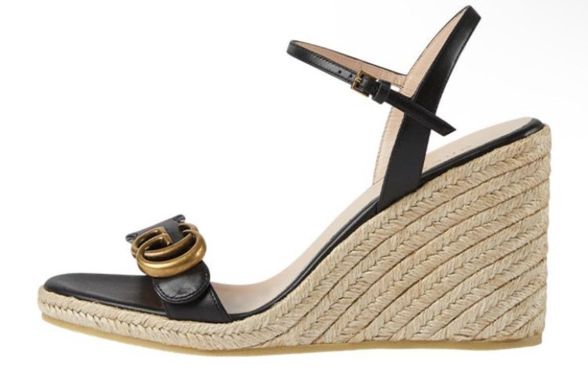 Gucci Gucci Double G 95mm Platform Espadrille Black Leather Sandal Size US 4.5 / IT 34.5 - 4 Thumbnail