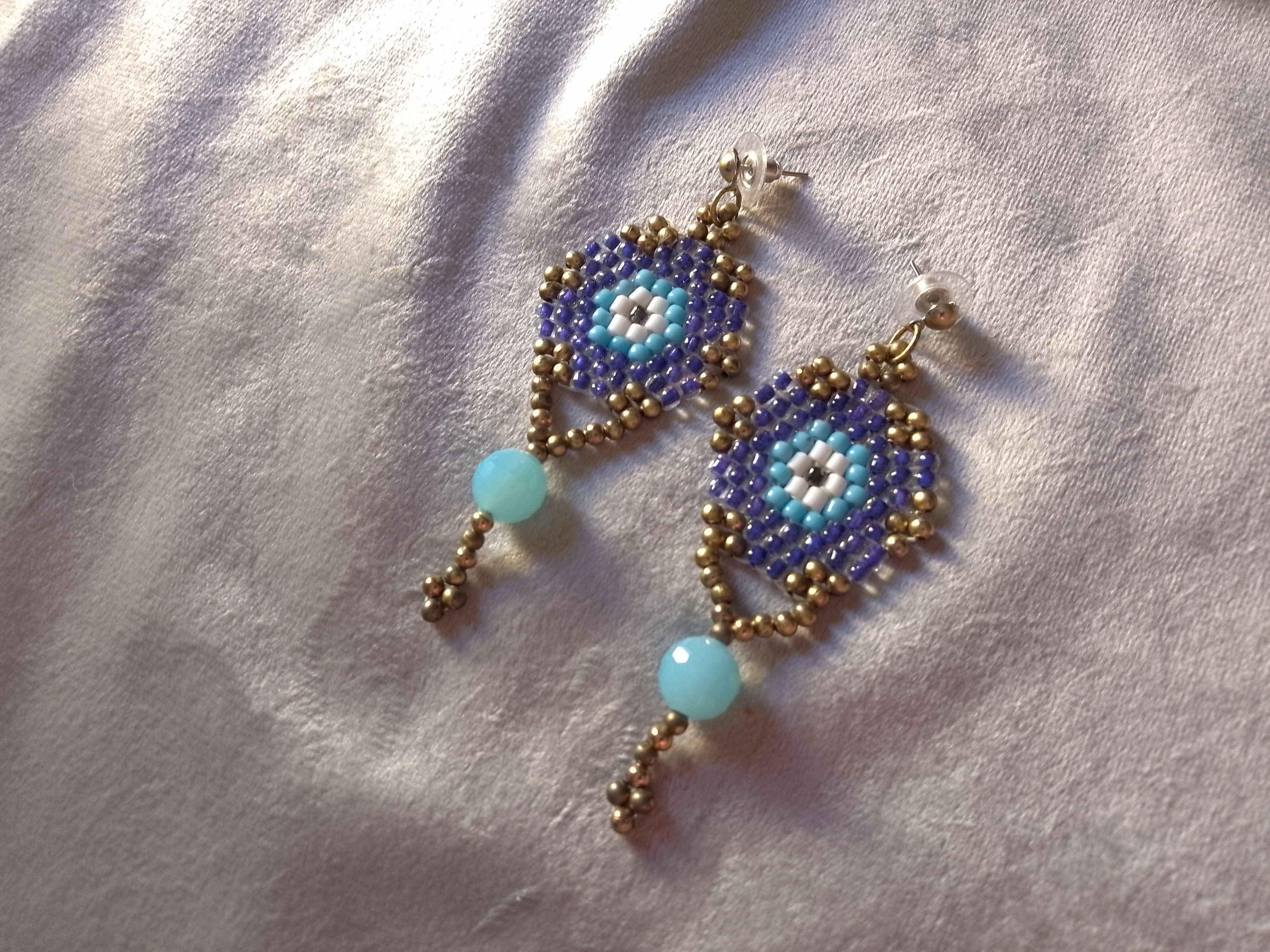 Handmade Earrings Eye Shaped Beaded Blue Crystal Lucky Charm Size ONE SIZE - 2 Thumbnail