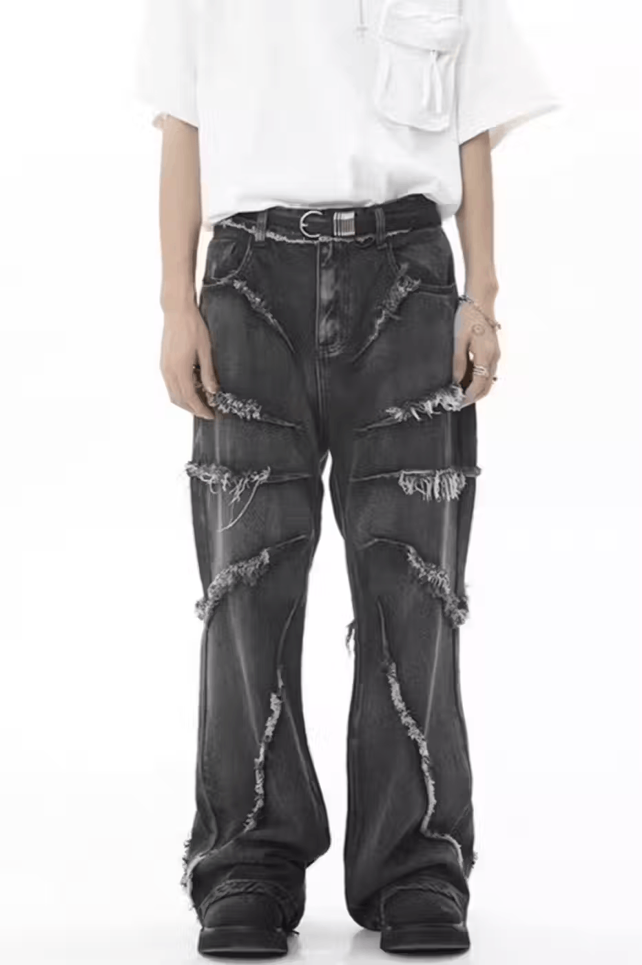 Retro punk distressed fringe raw denim jeans pants